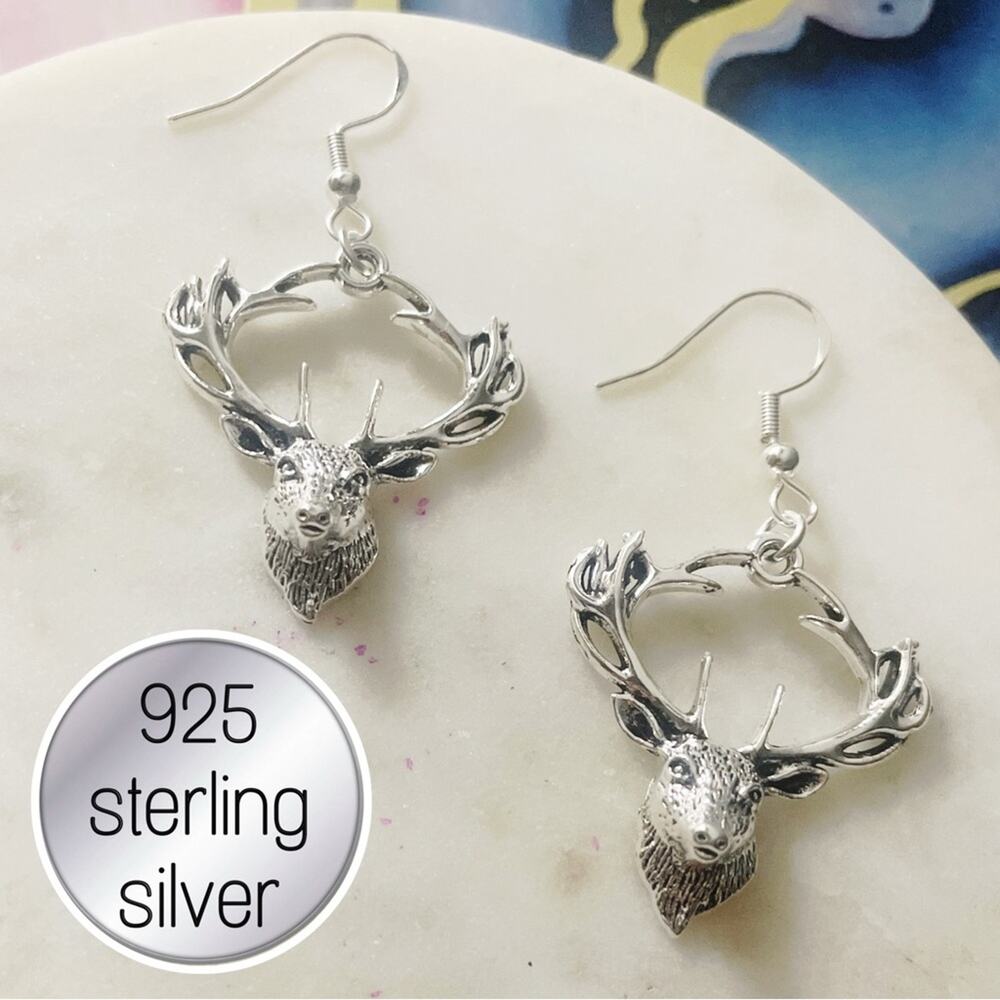 925 sterling Silver Deer head Antler Earrings stag hunting nature animal